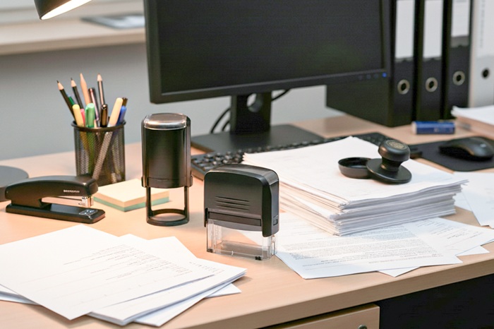 Рабочее место с печатями и документами